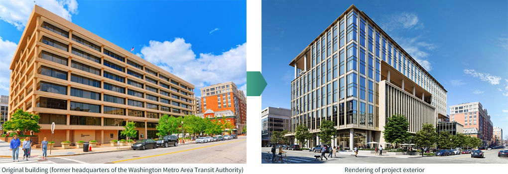 Original building (former headquarters of the Washington Metro Area Transit Authority) / Rendering of project exterior