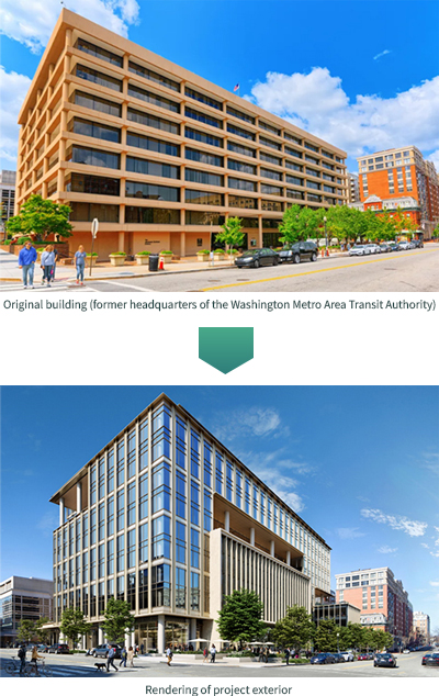 Original building (former headquarters of the Washington Metro Area Transit Authority) / Rendering of project exterior