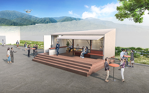 トレーラーハウスを活用した旅客施設及び運航管理施設（©Designed by Mitsubishi Jisho Design）